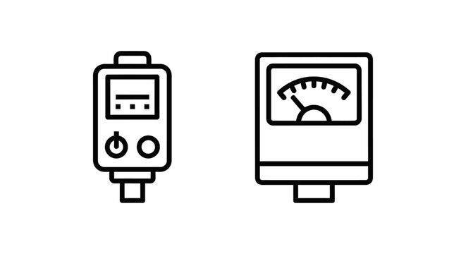 Black and white line icons of an electrical measurement device and an analog ammeter gauge with electrical electricity measurement minimalist engineering indicator instrument