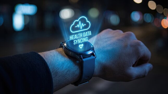 Person using a smartwatch with a holographic display showing medical artificial intelligence data and cloud computing health analytics
