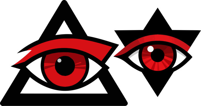 Mystical red eye symbols in triangle and star shapes, occult providence eye vector icons, esoteric masonry and conspiracy theory graphics