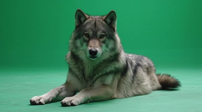 Gray wolf lying down on a green background in a studio setting, showcasing its powerful build and alert expression