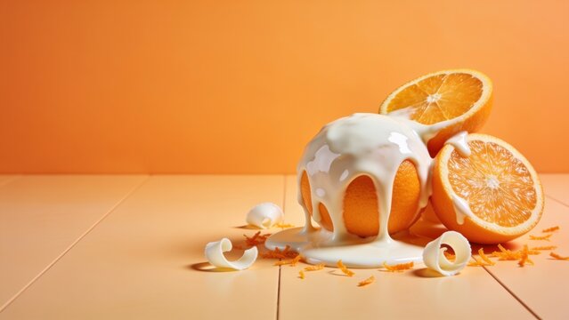 Minimalist dessert scene with melted ice cream and sliced oranges on warm wooden surface