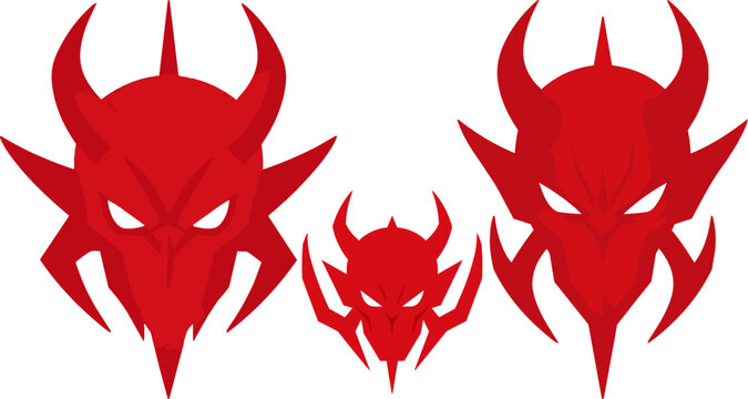 Red devil head vector set, aggressive demon mascot icons with horns, sharp hellish monster face illustrations for gaming and sports logos