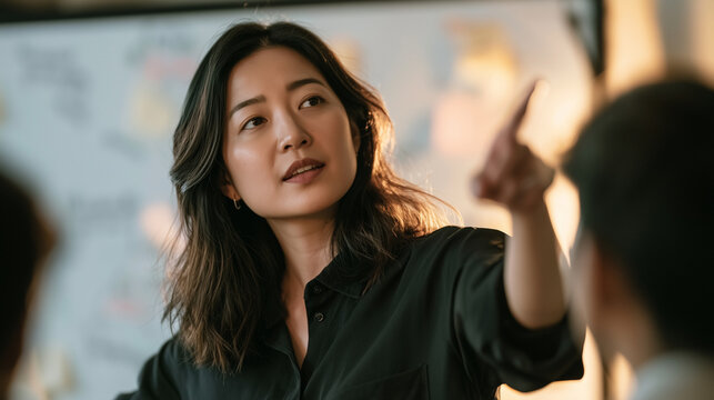 An Asian HR manager explaining a training program to an employee, waist-up shot, whiteboard with notes blurred behind, warm tones, candid photography
