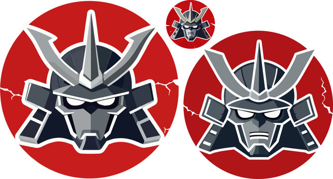 Japanese samurai robot head vector, futuristic mecha warrior mask on red sun background, 3 cybernetic shogun icons for gaming and esports logos