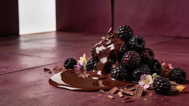Dark chocolate dessert with fresh blackberries spilled on rustic wooden table