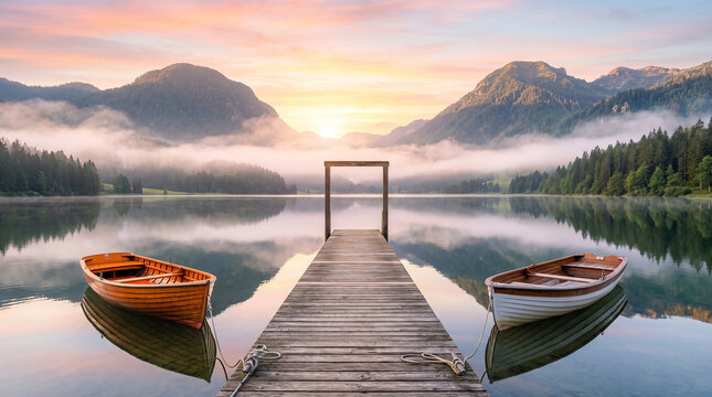 Peaceful lake sunrise with wooden dock and two rowboats surrounded by misty mountains and calm water reflection symbolizing tranquility nature and serene landscape beauty   generative ai