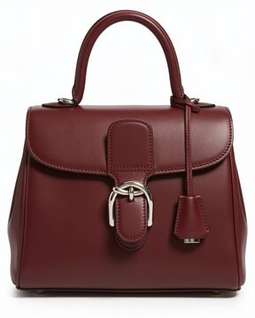 Elegant burgundy leather handbag with silver hardware showcased against white background