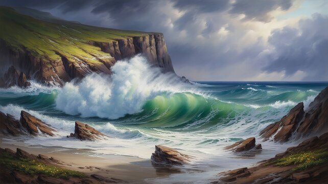 Crashing ocean waves against coastal cliffs. Powerful sea tide hitting rocky shore landscape.