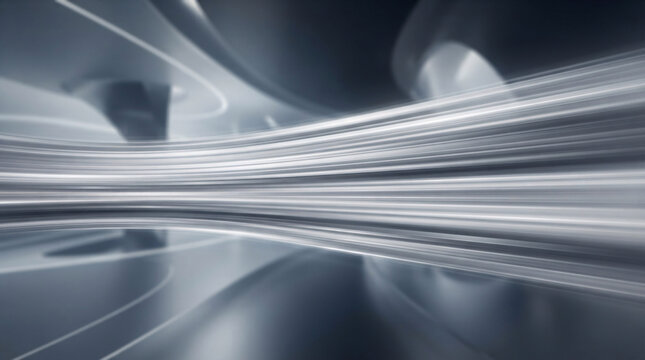 Fond abstrait futuriste avec des lignes de mouvement dynamiques et des courbes m&eacute;talliques argent&eacute;es.