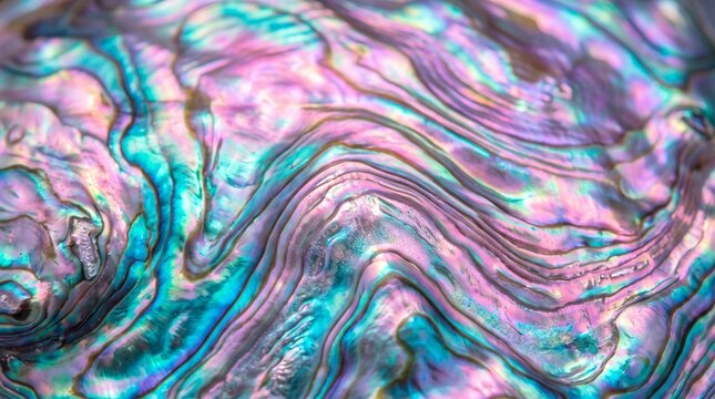 Abstract iridescent abalone shell texture with wavy colorful patterns and shiny surface