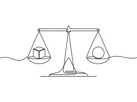 A simple line drawing depicts a balanced scale with a cube and sphere showing contrast and comparison