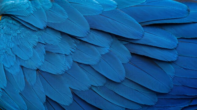 Close up view of bright blue parrot wing feathers showing beautiful natural texture pattern