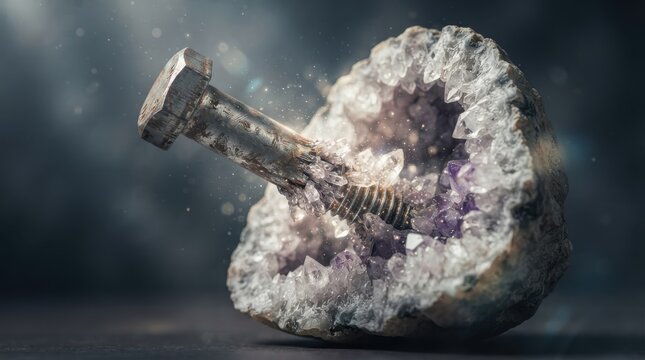 Metal bolt embedded in a purple amethyst geode