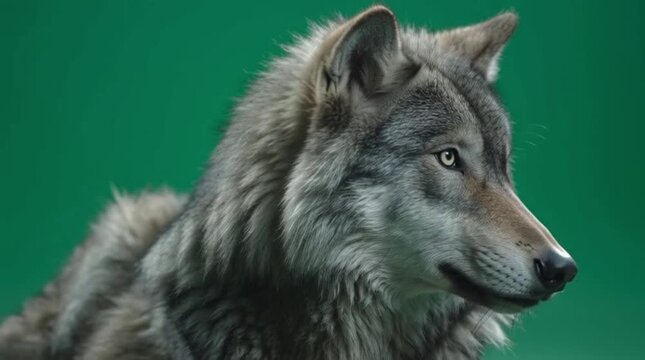 Portrait of a Majestic Grey Wolf Standing Against a Solid Green Background for Professional Wildlife Photography