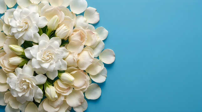 Beautiful white flowers arranged in a circular shape on a bright blue background