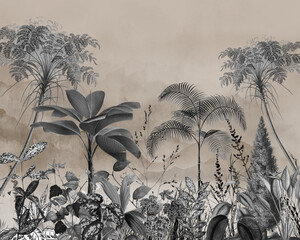 Vintage Tropical Jungle Mural Wallpaper with Palm Trees and Exotic Plants in Sepia Beige Tones © Mondal_01