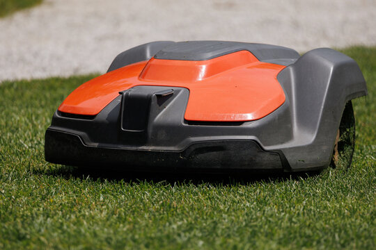 A robotic lawn mower works on green grass in a residential garden. It cuts grass without human help while moving around the yard.