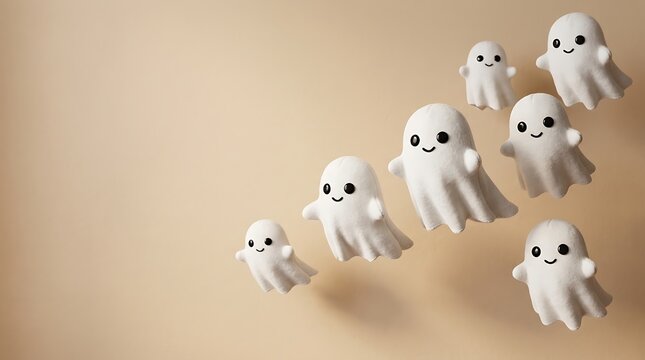A group of cute little white ghosts flying together against a soft beige background for a fun and festive halloween celebration design