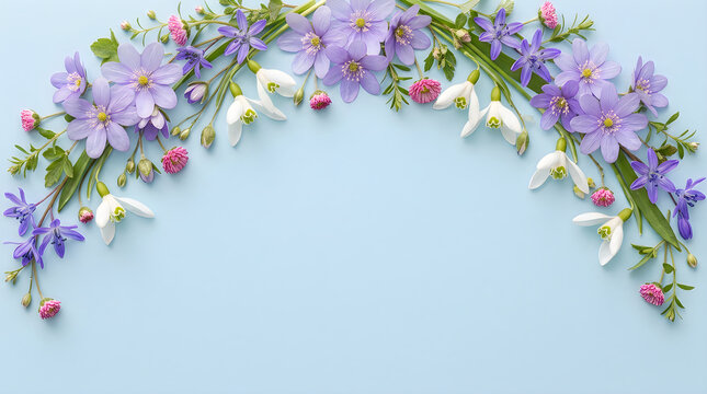 Beautiful arch frame made of purple flax flowers and green leaves with copy space for design