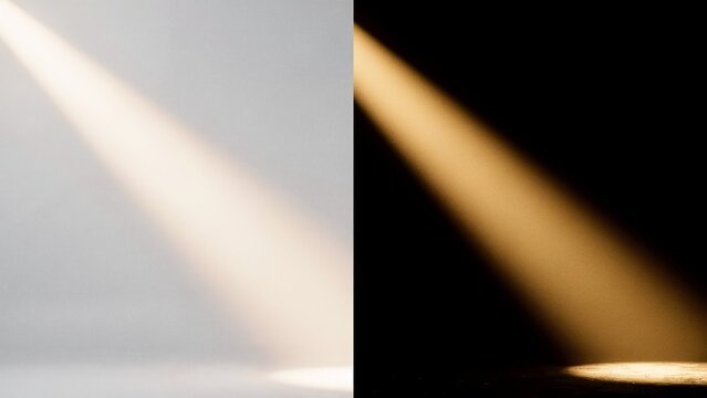 Split screen background showing a bright spotlight beam on a white wall and a dark black background
