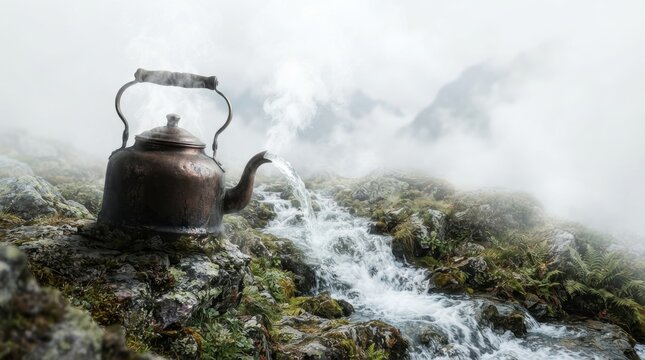 Steaming copper kettle pouring water into a rocky mountain stream