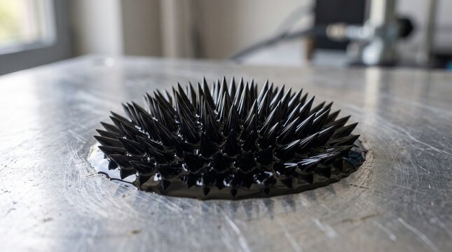 Black magnetic ferrofluid liquid spike formation on a smooth silver surface in a laboratory