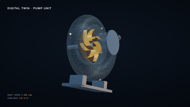 Digital twin of an industrial pump unit, housing dissolving into glowing wireframe with rotating impeller, seamless loop