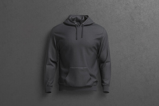 Blank black hoodie mockup on dark surface background, 3d rendering. Empty fabric hooded sweater for casual outfit mock up, front view. Clear fleece or cotton jersey sweatshirt template.