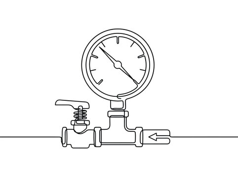 A single line drawing of a pressure gauge with a valve and pipe showing flow direction