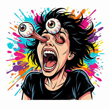 Pop art graphic novel vector showing a shocked woman shouting as her eyes explode out from her face.