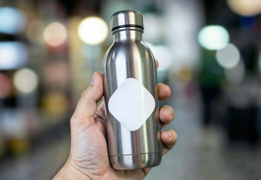 Blank rhombus sticker on steel sports bottle mockup, ai generated. White label applied to reusable water bottle in hand, blurred background. Custom branding, logo product labeling, vinyl decals.