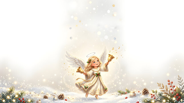 Joyful Christmas angel ringing golden bells while standing near the bottom edge, soft festive sparkles, spacious white copy space above.