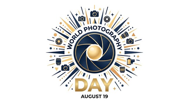 World photography day celebratory emblem featuring circular camera shutter design and golden radiating sunburst elements on a clean white background