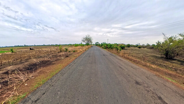 An empty paved road stretches through an open rural landscape flanked by fields and scattered trees near Janjanbureh in The Gambia