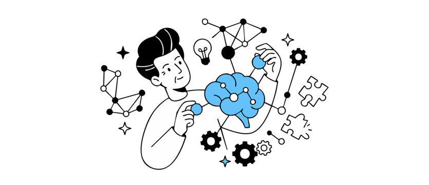 Artificial intelligence human brain network connecting concept illustration of man working with data nodes, gears, bulb ideas, and puzzle solving elements for business strategy concept banner design.