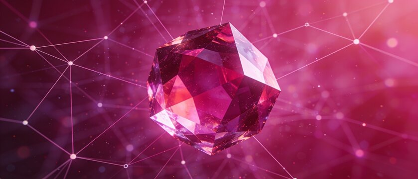 Futuristic crystal gem glowing with digital network connections in vibrant neon pink and purple