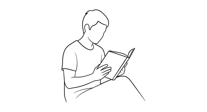 Line drawing of a person reading an open book white background