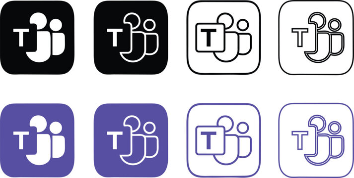 Set of various microsoft teams application logo icons in different styles and color variations