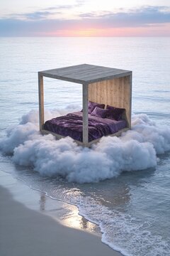 Minimalist floating wooden cabin perched on clouds above serene ocean beach at sunset