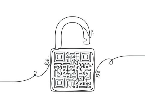An open padlock with a QR code replaces the keyhole while a hand appears to unlock it