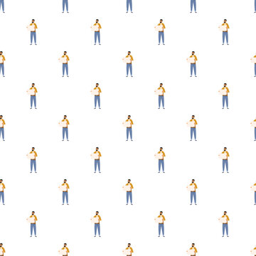 Man holding a blank message board repeated in a seamless pattern