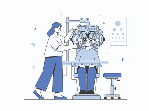 Optometrist examines patient with phoropter while patient sits in chair near eye chart and stool