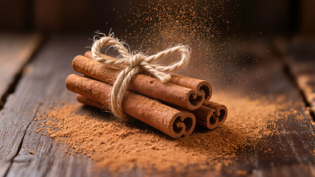 Macro close up of cinnamon sticks dusting with ground spice powder on a rustic table