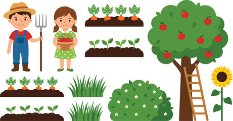 Fototapeta premium Cute Cartoon Farmer Girl with Apple Basket and Vegetable Garden Patch Featuring Growing Carrots Sprout Seedlings and Bushes for Agriculture Graphic Designs