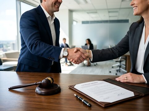 A professional lawyer and a client shaking hands over a wooden desk with a gavel and legal documents in a modern law office