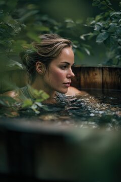 Woman relaxing in a rustic wooden outdoor barrel tub surrounded by lush forest greenery. Spa wellness retreat and natural hydrotherapy concept. Peaceful bathing experience in nature.