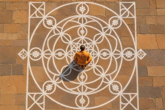 Top view of ritual yantra drawn in chalk at temple &mdash; Symmetrical overhead capture of a yantra‑style design created for a ceremonial offering, useful for spiritual publications, meditation apps