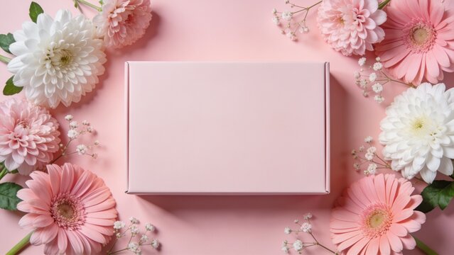 Pink gift box elegantly surrounded by delicate pink flowers on soft pastel background