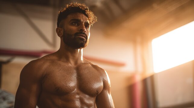 Muscular man taking break after intense workout in gym. Athlete tired after hard training session. Sports concept with focus, dedication, physical endurance and healthy lifestyle.