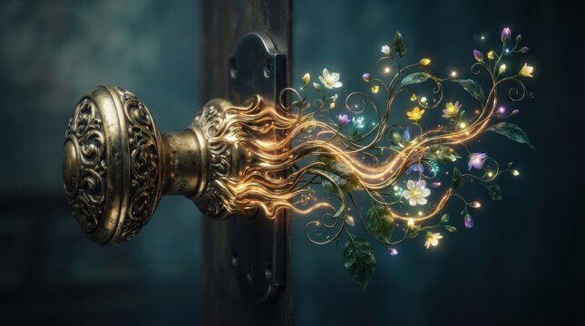 Vintage door knob with magical glowing floral vines